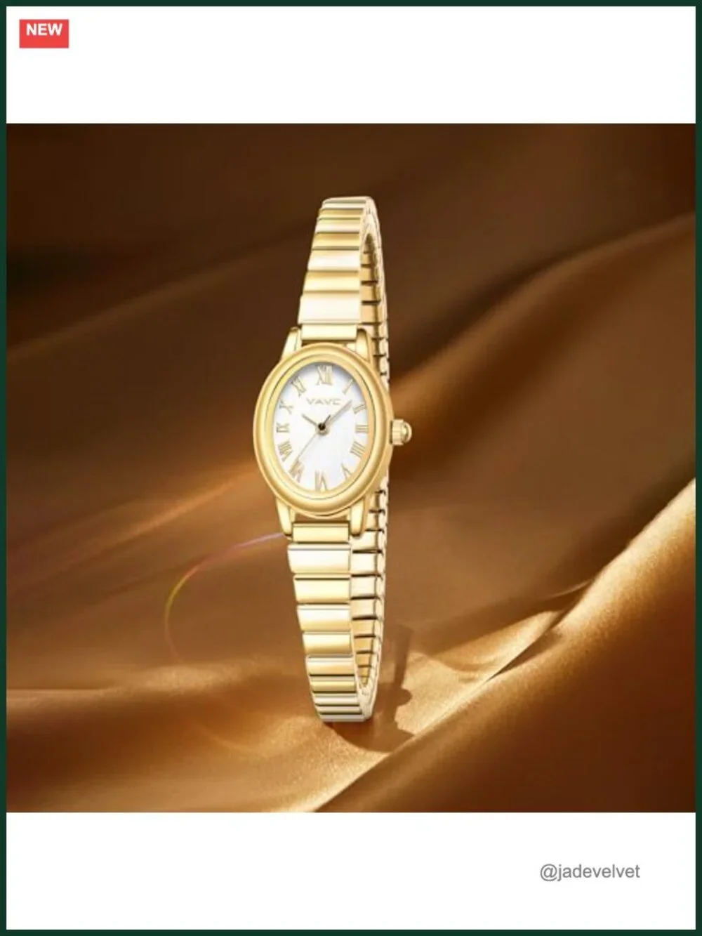 Small Gold Women's Quartz Watch Stainless Steel Expansion Band Oval Roman Dial